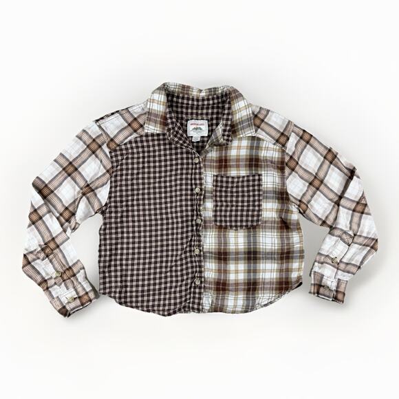 American Eagle Womens Patchwork Flannel Shirt XS Brwn Plaid Grunge 90s Boxy Crop - Picture 1 of 11